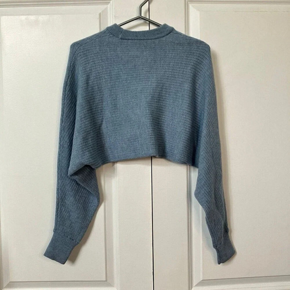Aritzia Wilfred Free Lolan 100% Merino Wool Blue batwing  Sleeve Cropped Sweater - Picture 8 of 11